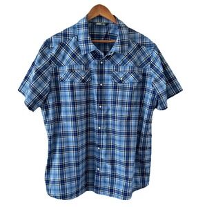 Stio Mens Pearl Snap Eddy Shirt XL Blue Short Sleeve Plaid Western Performance
